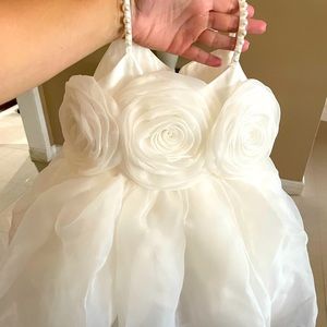 White 3 rose puffy flower girl formal dress pearl details